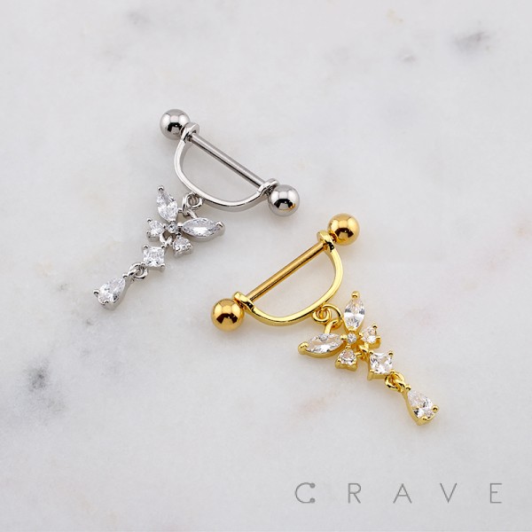 MULTI CZ BUTTERFLY DANGLE TEARDROP 316L SURGICAL STEEL NIPPLE RING MULTI CZ BUTTERFLY DANGLE TEARDROP 316L SURGICAL STEEL NIPPLE RING